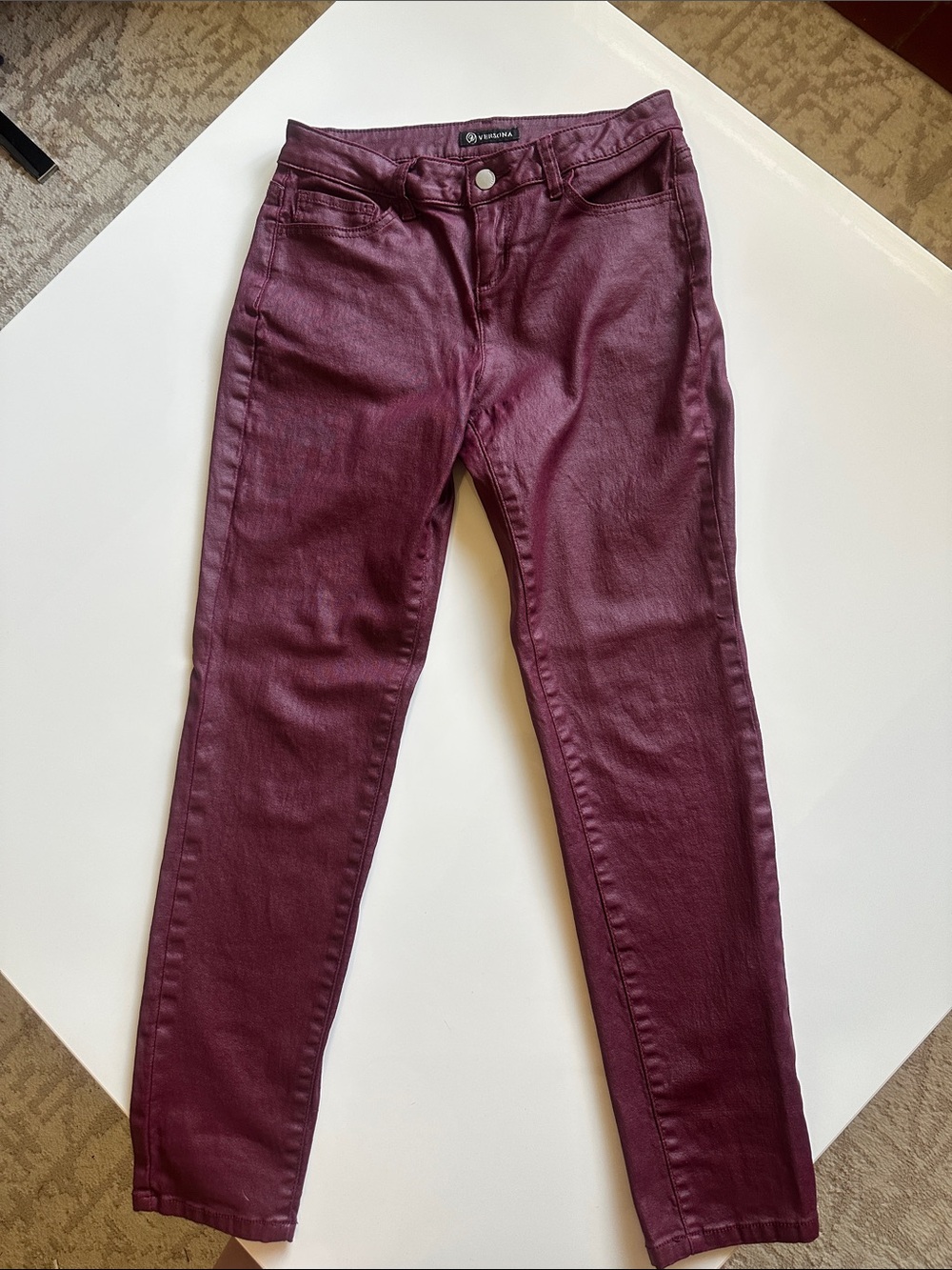 NWOT Versona Wine Burgundy Coated Skinny Pants